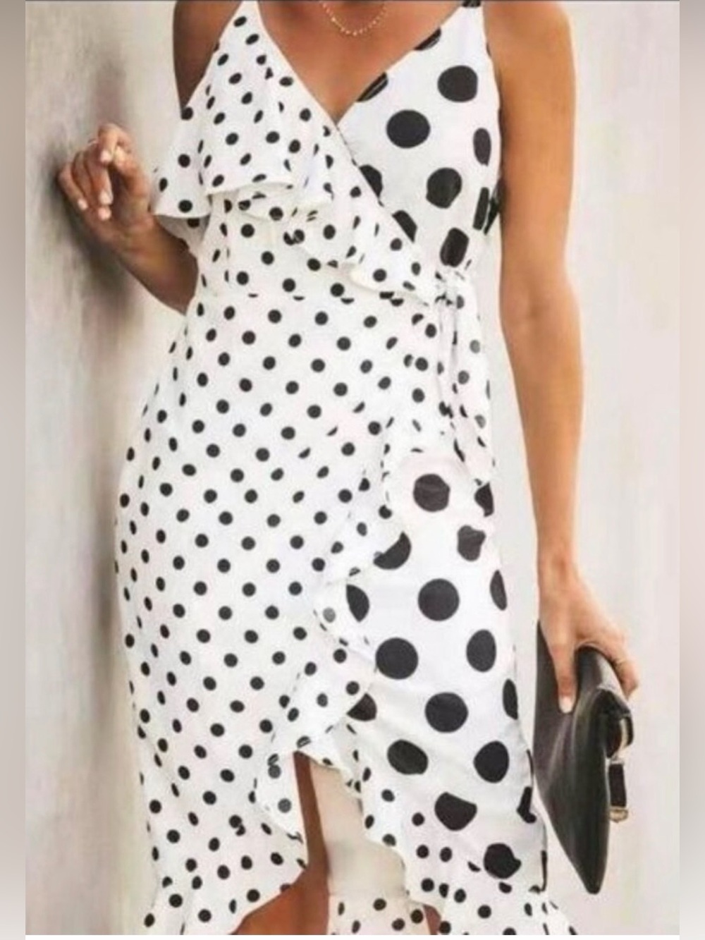 NWT DO+BE Polka Dot Wrap Dress Womens M White Black One Shoulder Ruffle